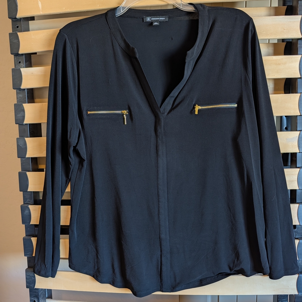 INC International Concepts Black Blouse with Gold Zipper Accents